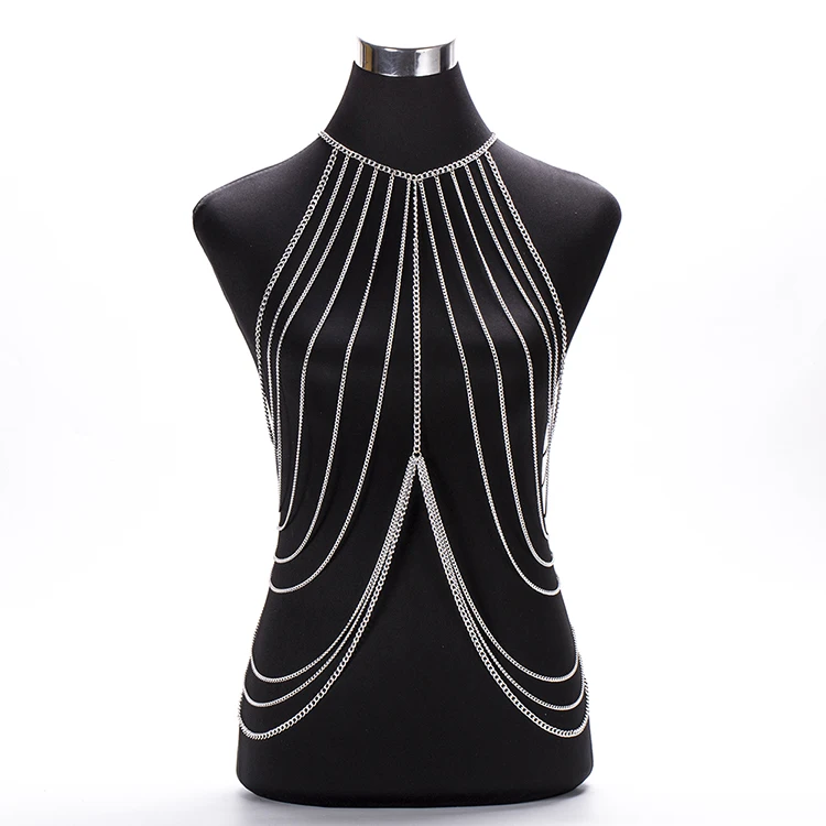 

OEM Hot Dance Sexy Bra Chain for Women Body Jewelry Dress Made in Chain Halter Jewelry Bikini Multi-layer Long Tassel Bra Chain