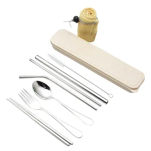 Image of Cutlery Set Cute Portable Travel Adult Cutlery Wheat Straw Fork Camping Picnic Set Gift Child Office People Dinnerware