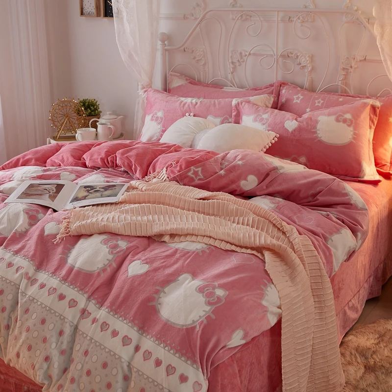 5D carved crystal velvet 4 piece polyester Korean winter cartoon bedding set warm 3d bed sheet set warm printed duvet cover