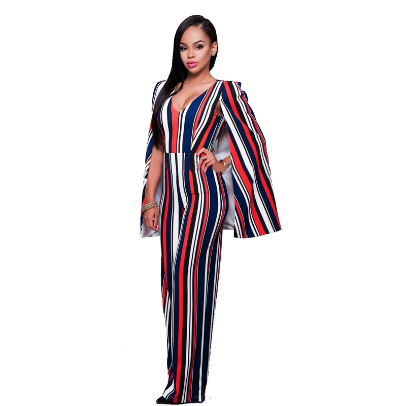 

Modern Long Sleeve Stripe Wide Leg Jumpsuit, As picture