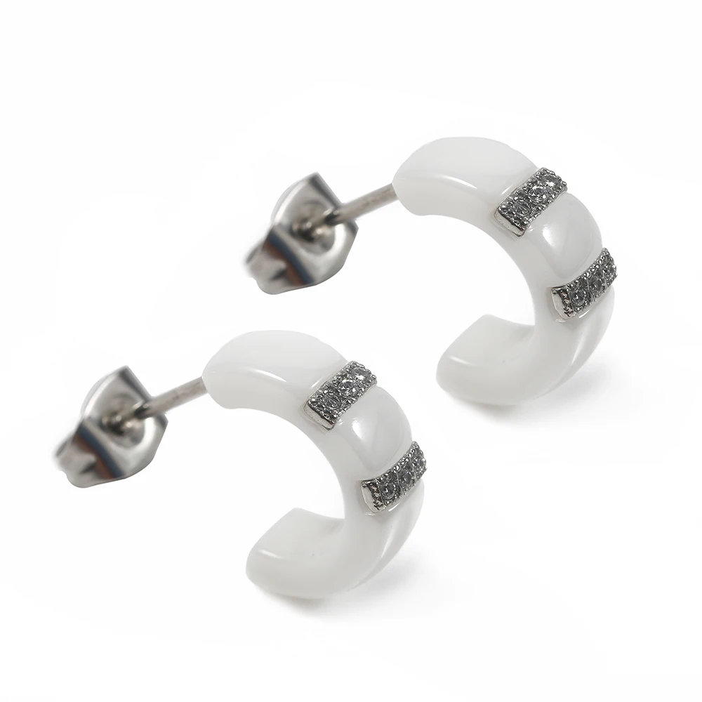 

Black and white ceramic hoop earring stud earrings stainless steel jewelry for women