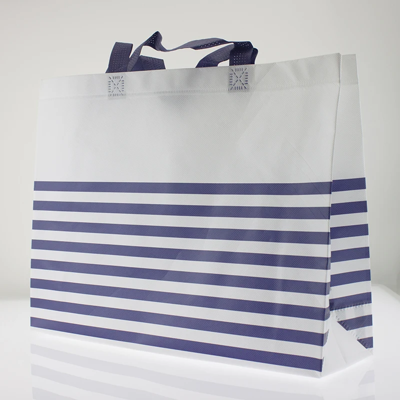 

FSC Customized Horizontal Stripes White Non-Woven Shopping Bags, Navy blue