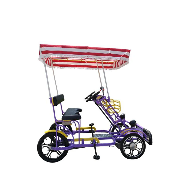

2 person 4 wheels tandem bikes/double row seats surrey bikes/ colorful roof, Yellow red green blue