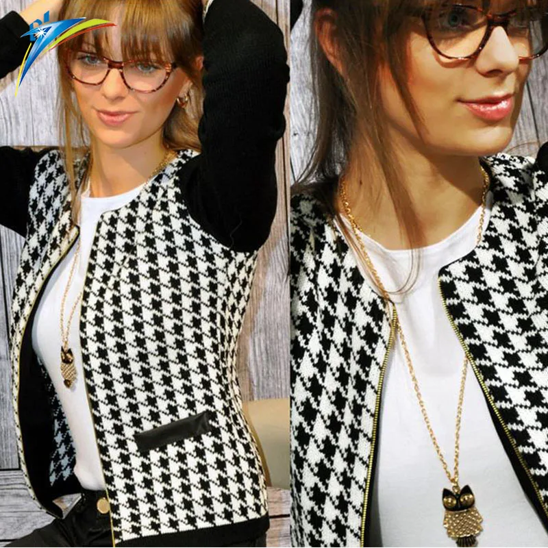 

New Women Autumn Spring Long Sleeve Jacket Round Neck Short Coat Houndstooth Outwear black casual jacket