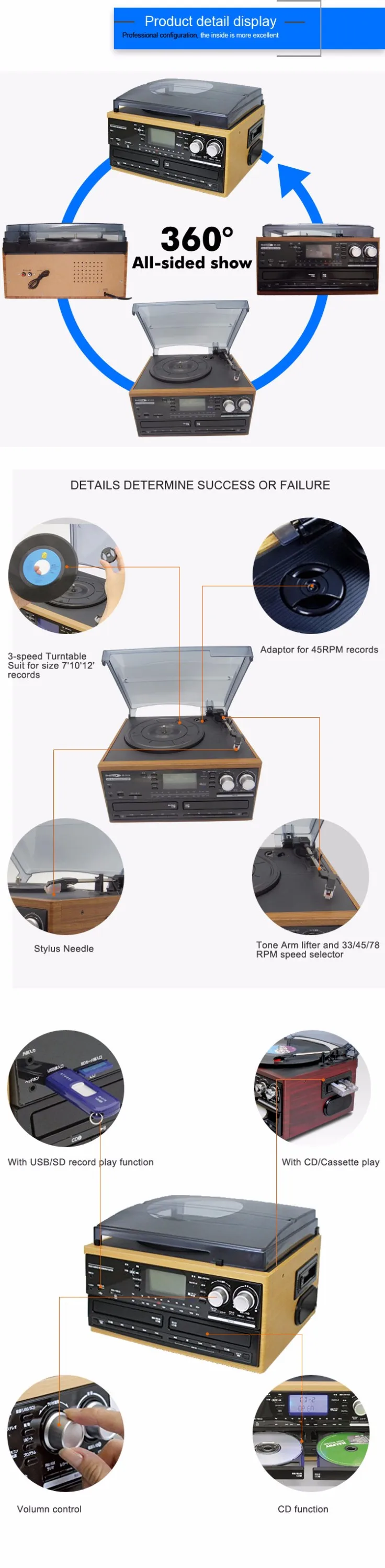 Vintage vinyl turntable cassette player with double cd , turntable cassette , usb and cd 