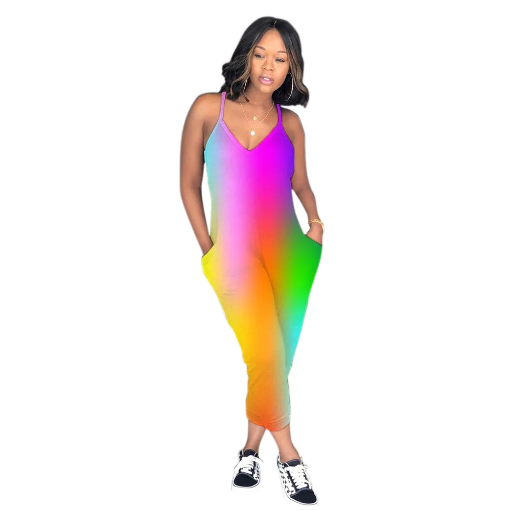

FM-Y101 Woman Rainbow Color Printed Elegant Sleeveless Backless Halter sexy deep V-neck casual Loose Jumpsuits, As picture