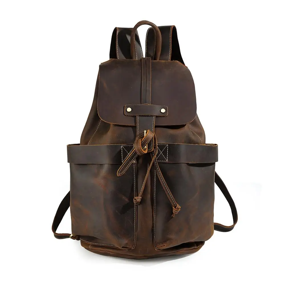 

TIDING Custom Logo Men Brown Travel Vintage back pack Genuine Leather Drawstring Backpack, Dark brown
