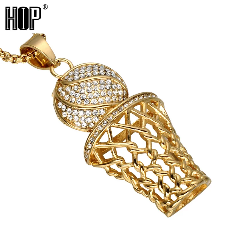 

Hip Hop Iced Out Bling Crystal Stainless Steel Men Basketball Pendant Necklace, Gold