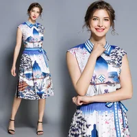 

2019 Latest Ladies Women New Design Blue Elegant Floral Print Dress