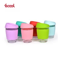 

Fscool custom logo Reusable Glass Coffee Cup With Silicone Sleeve And Lid