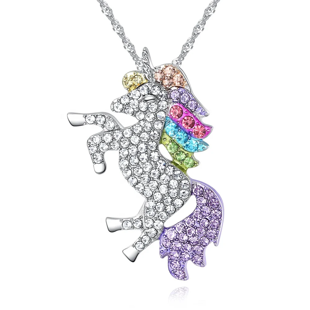 

2019 New Arrival Rainbow Crystal Unicorn Pendant Necklace Multicolor Crystal Unicorn Necklace, 3 color