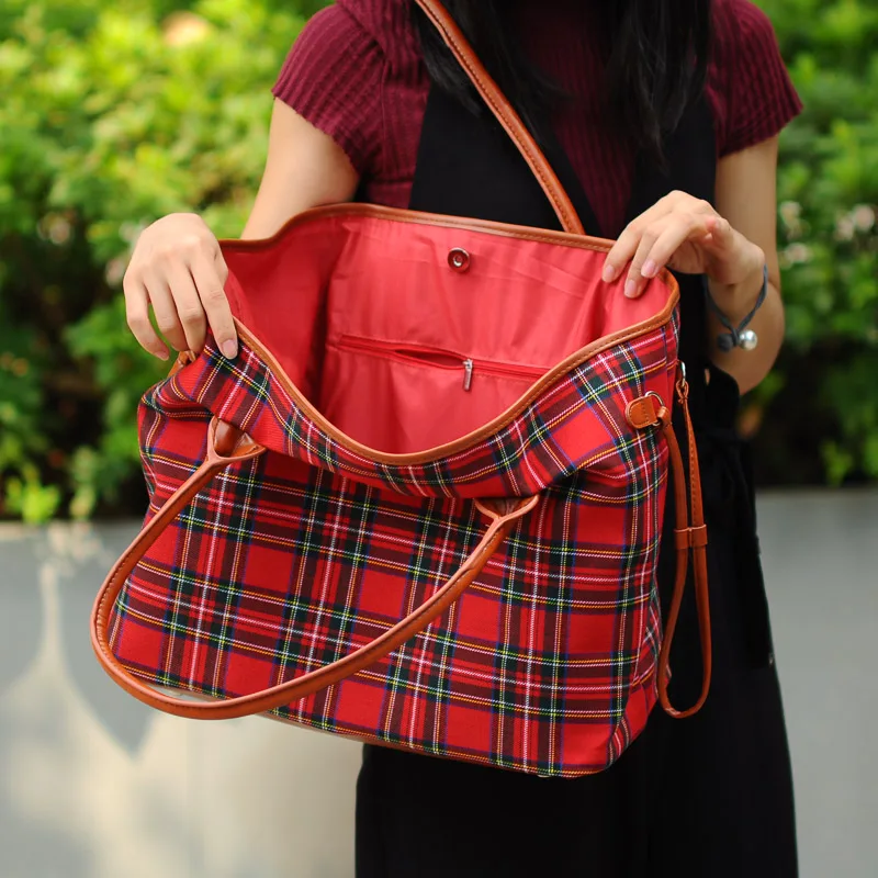 red plaid tote bag