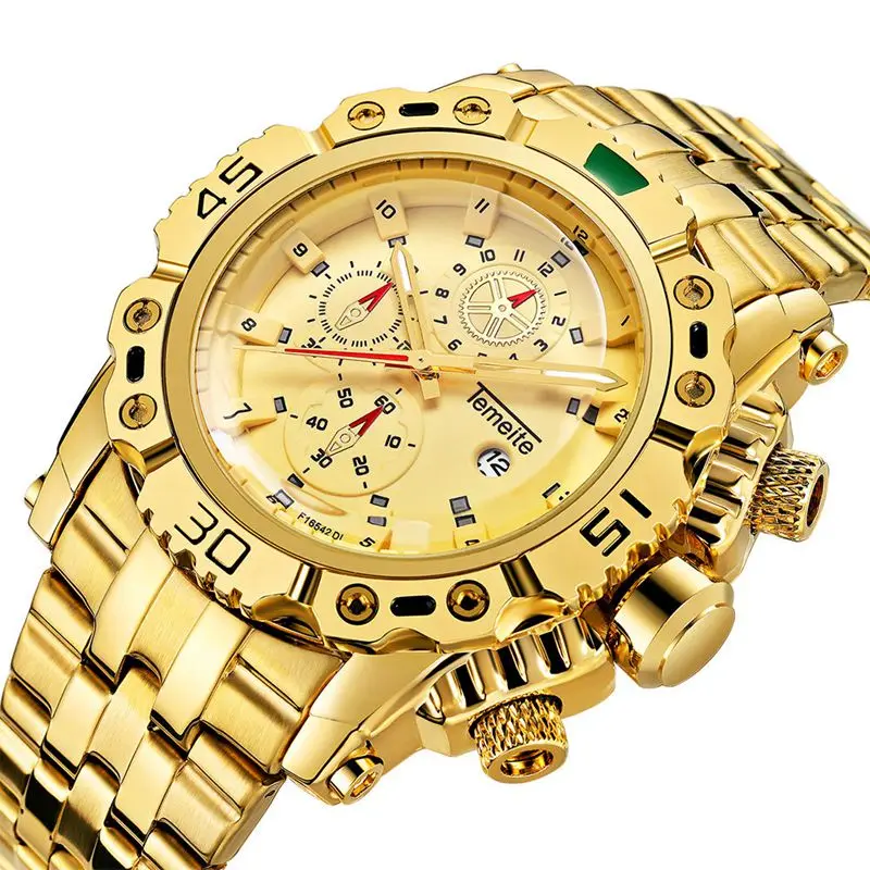

Temeite Luxury Gold Watch Men Stainless Steel Quartz Mens Watches Big Fashion Casual Wristwatch Calendar Male Relogio Masculino