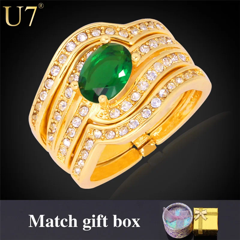

U7 women ring set with large emerald ruby sapphire citrine gem stone finge rings settings for women bling jewelry with gift box, White/red/blue/green/black/gold color