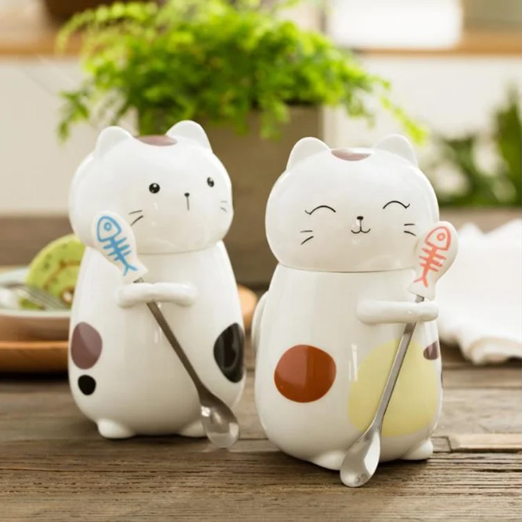 Wholesale Cartoon Cat Shaped Mug Large Capacity Cute Coffee Ceramic Mug with Spoon