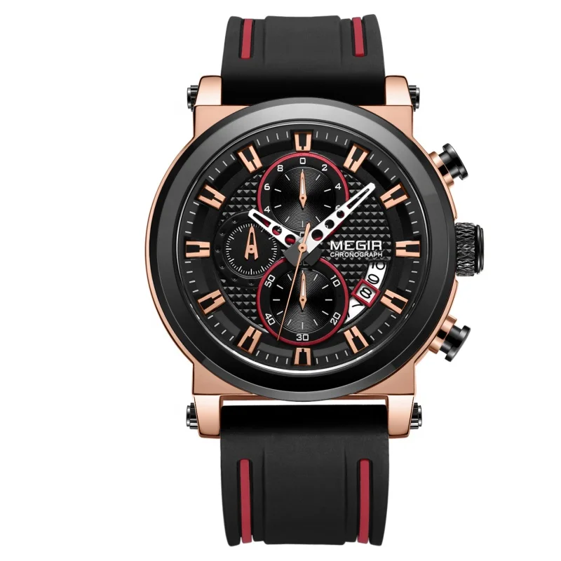 

2021 new design silicon band men's wristwatch alloy case waterproof watch low moq big face mens sport watches megir reloj