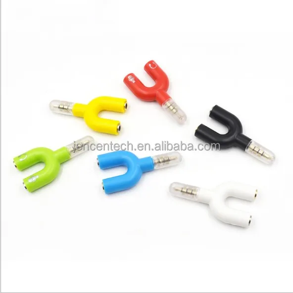 

hot sale 3.5mm aux U shape 1 in 2 out Audio Splitter adapter microphone music for computer, White black yellow orange blue green red purple