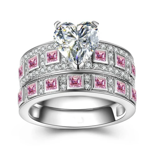 

Chinese factory OEM design rhodium plating 925 sterling silver Heart pink zirconia diamond wedding ring