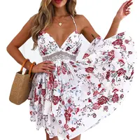 

Floral Print Summer Mini Dress Women Vintage V Neck Spaghetti Strap Backless Lace Sundress Beach 2019 Boho Dresses