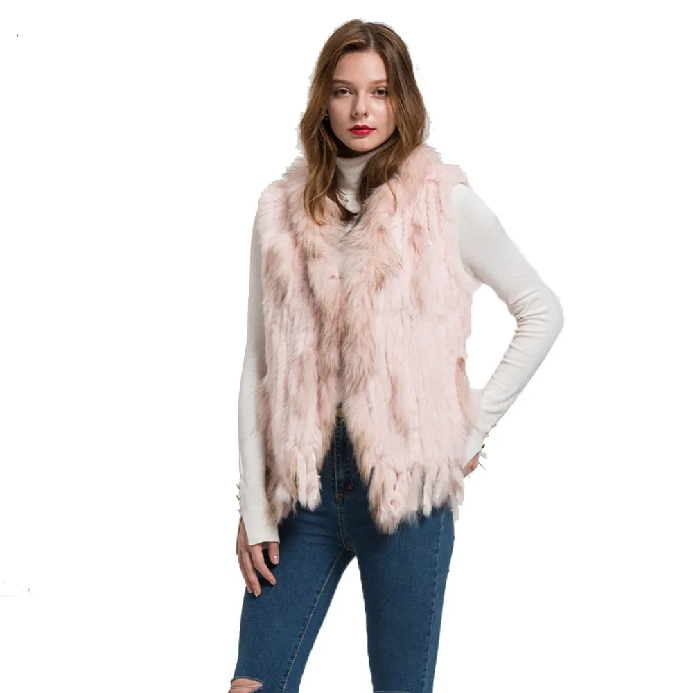 

Hot Sale Knitted Rabbit Fur Vest for Women Raccoon Fur Collar Gilet Winter Warm Waistcoat, Customized color