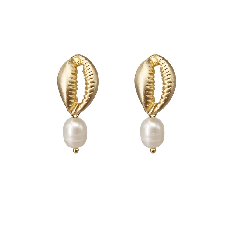 

Mini Size 2.7CM Long Matte Gold Metal Sea Shell with Natural Pearl Drop Earrings Alloy Conch Freshwater Pearl Dangle Earrings, As picture