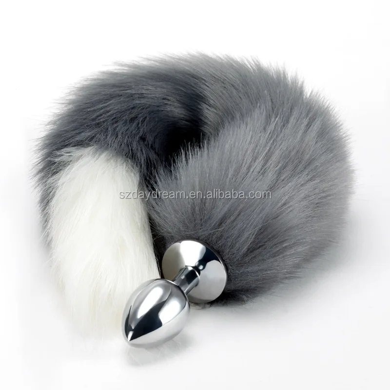 40cm Metal Anal Plug With Gray Wolf Fur Fox Tail Butt Plug Fo