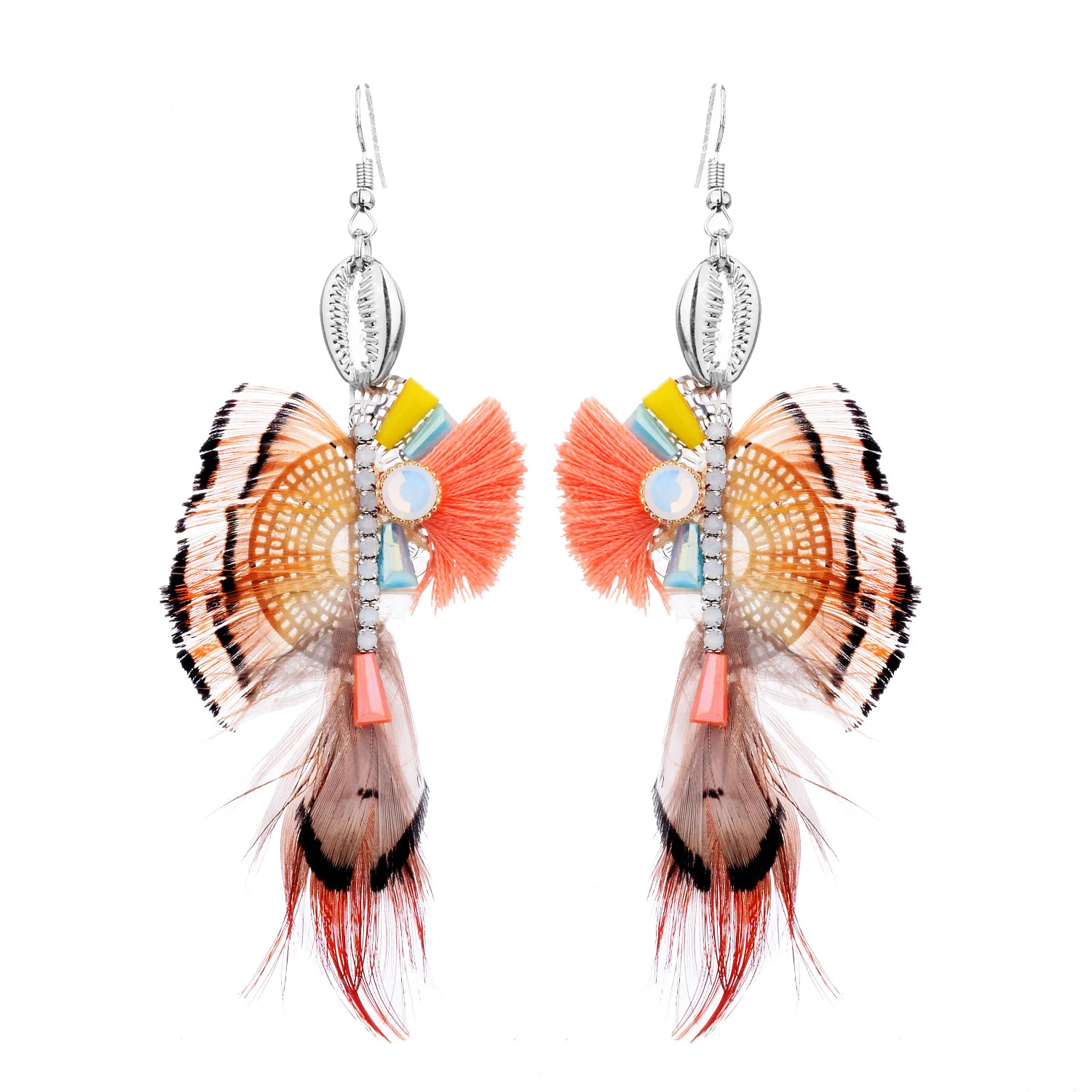 

indian feather earrings silver shell tassel earrings chicken peacock feather long drop statement earrings for women party, As photo