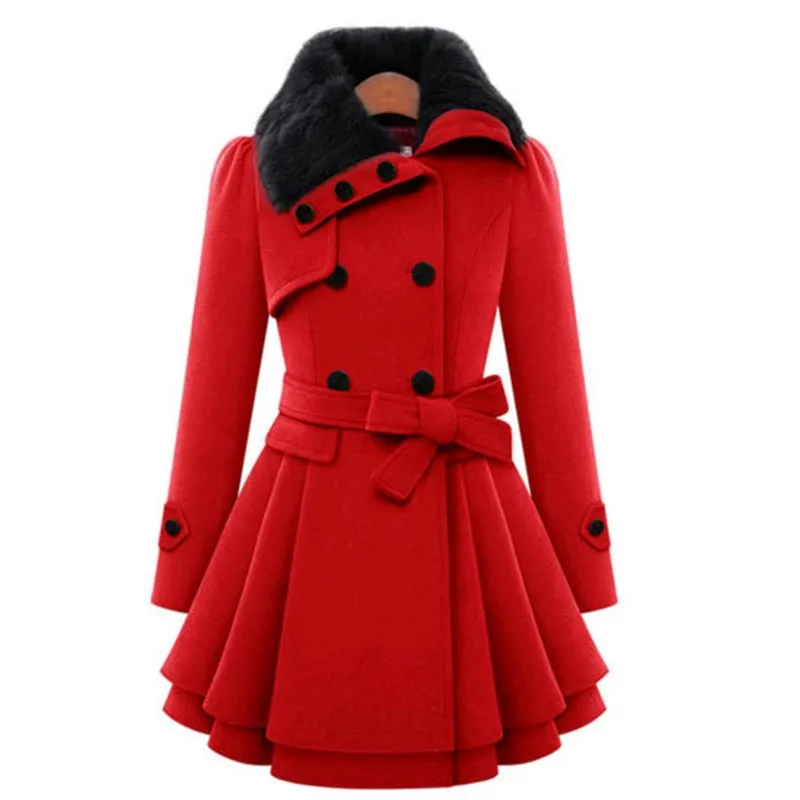 

fur collar double row button high waist outwear with hem design mid long winter jacket women coat