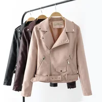 

Fashion new leather jacket long zip belt decorated Slim PU short jacket women leather coats