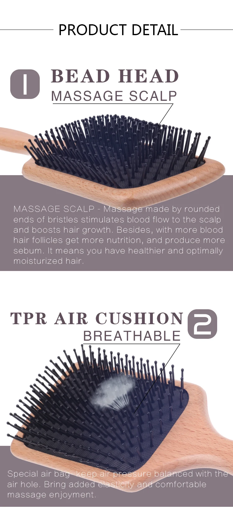 EUREKA DS3088 Large Square Paddle Cushion Wooden Hair Brush for All Hair Types Ball-Tip Nylon Pins Hairbrush