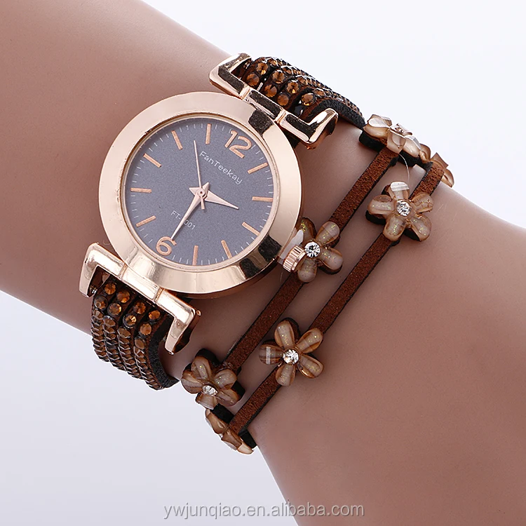 Hot Sale Fashion Diamond Leather Quartz Flower Ladies Fancy Wrist