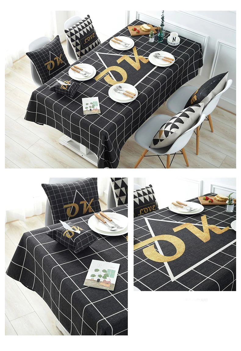 Simple eco Nordic black white plaid soft cotton and linen tablecloth