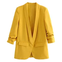 

Women's Blazer with 3/4 Sleeves Jacket Yellow Open Front Office Cardigan Casual Work Office Blazers