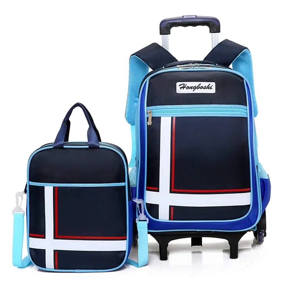 boy rolling book bag