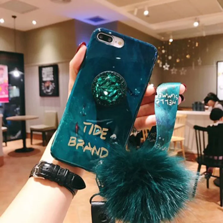 

Bling Emerald Stand Plush Ball Strap Case Cover For iPhone Xs Max Xr