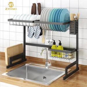 Image of Factory Hot Sale 2 Tiers Black Stainless Steel Kitchen Hose Storage Over Sink Dish Drainer Rack