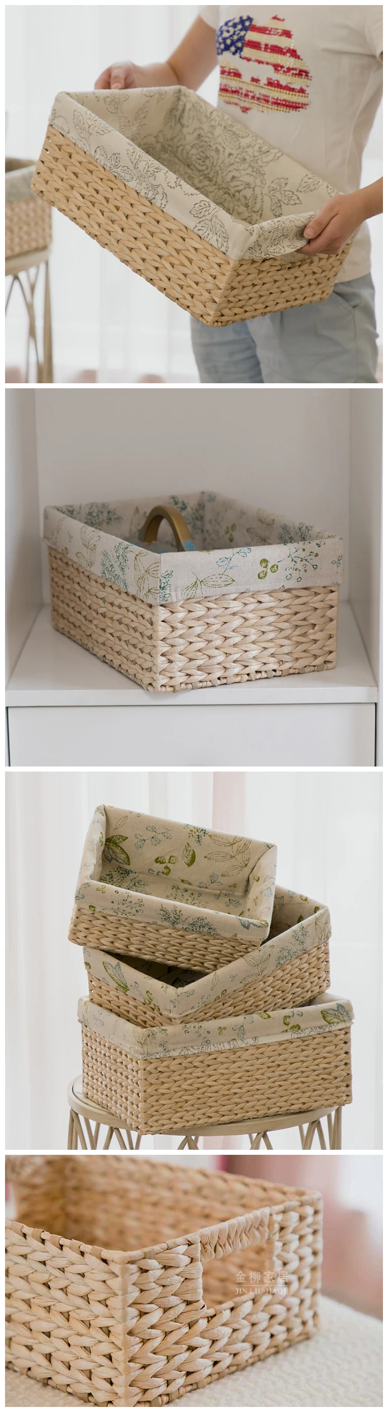 Kingwillow,Rectangle Straw Woven Storage Basket Tray With Cotton Liner