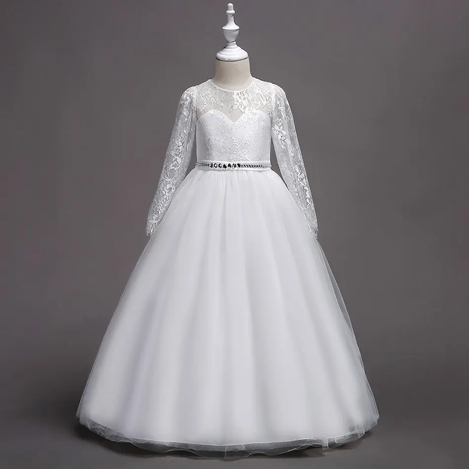 

Dress Hollow Long Sleeve Lace Floral Crystal Mesh Ball Gown, As picture