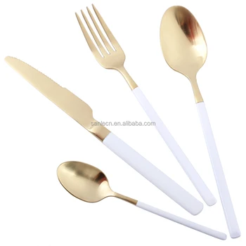 Lekoch 18k Gold White Handle Stainless Steel Dinnerware Cutlery Lekoch 18k Gold White Handle Stainless Steel Dinnerware Cutlery Dinner Fork Spoon Knife Sets For Wedding