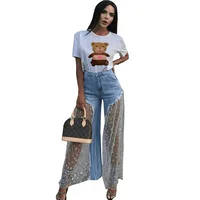 

Star Lace Mesh Perspective Patchwork Denim Jeans Women Wide Leg Pants Trousers Y10424