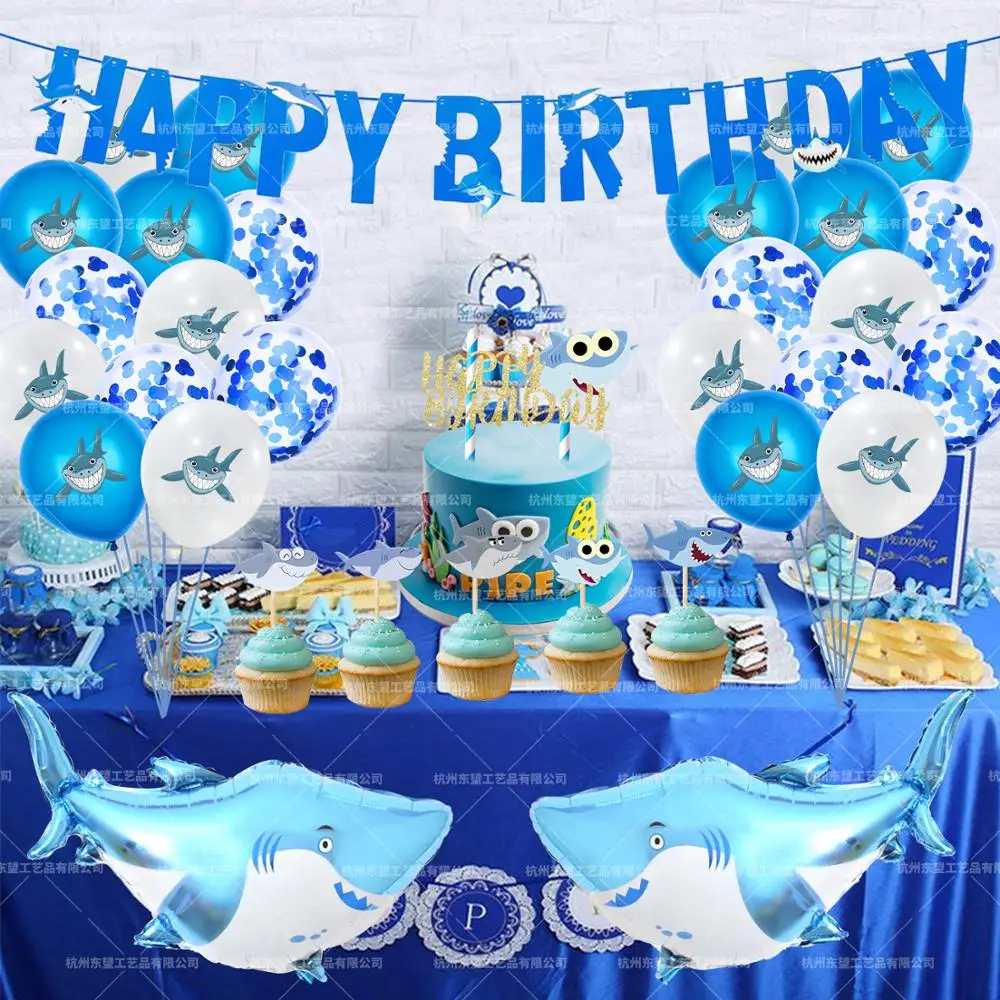 Shark Party Birthday Cake Topper Banner Balloon Party Decorations