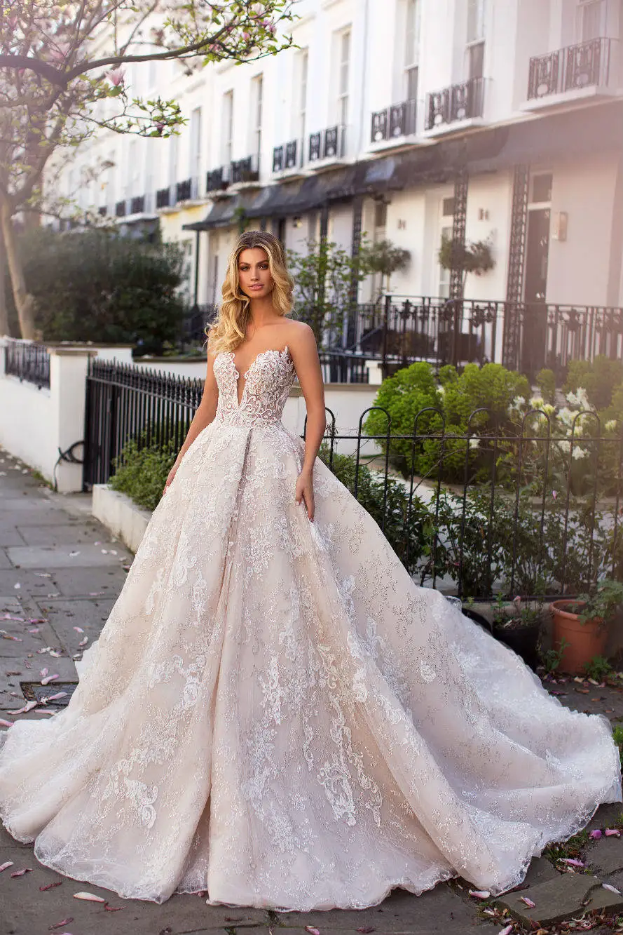ASA0656 lace long tail elegant detachable tops bride gown long sleeve wedding dress 2019