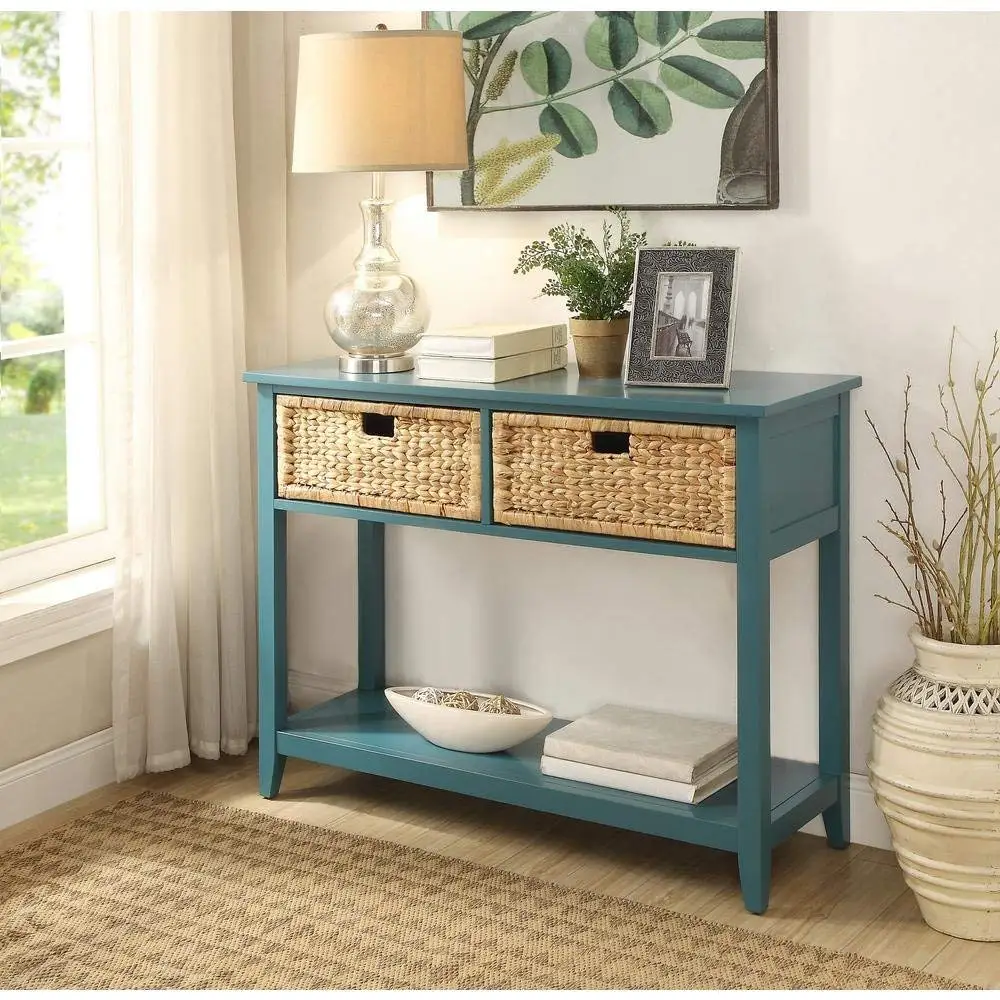 Major-Q Console Table with 2 Drawers and Open Storage for Dining/Kitchen / Living Room, Rectangular, Wood Rustic and Teal Finish, 44 x 16 x 28