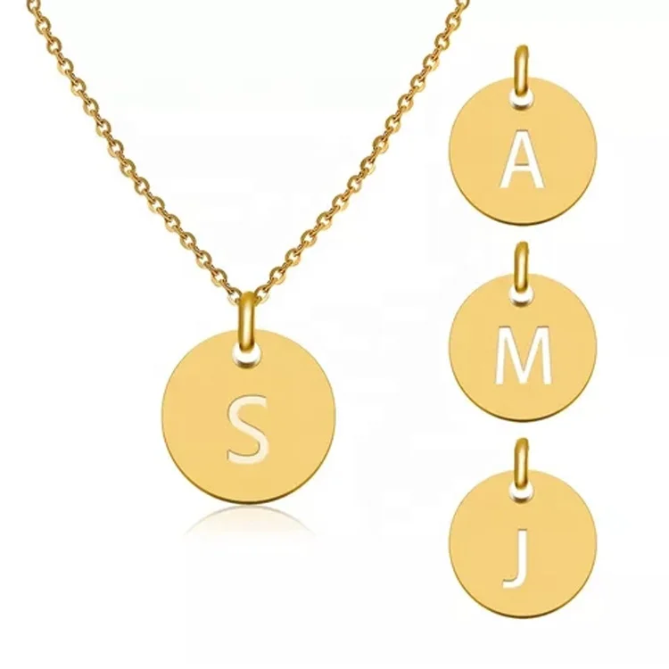 

Stainless Steel Disc Round Necklace Gold Letter Initial Engraved Coin Chain Necklaces, Steel/gold/rose gold