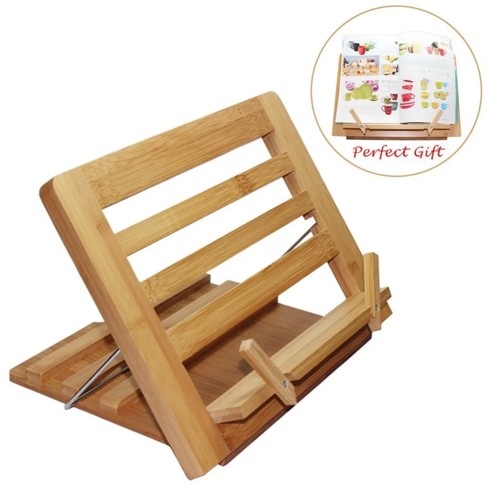 Bamboo Adjustable Book Stand Reading Cookbook Holder Tray With Page