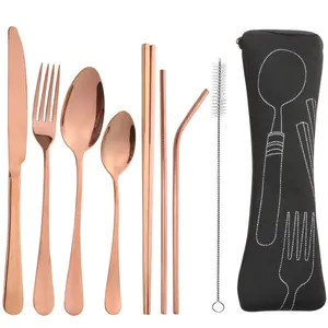 Image of High quality electroplating color portable stainless steel cutlery straw set of 8