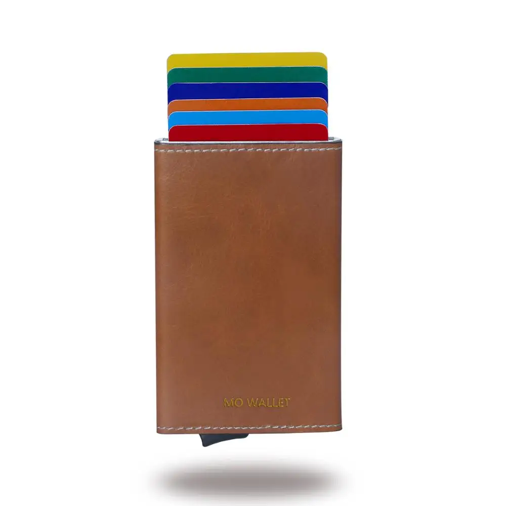 

Brown Leather Mo Wallet Aluminum Rfid Wallet RTS Mini Slim Automatic Pop up Credit Card Case Box