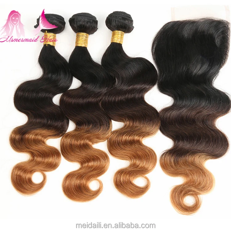 

1b/4/27 ombre body wave hair virgin peruvian sew in human hair weave 3 hair bundles with 4*4 closure