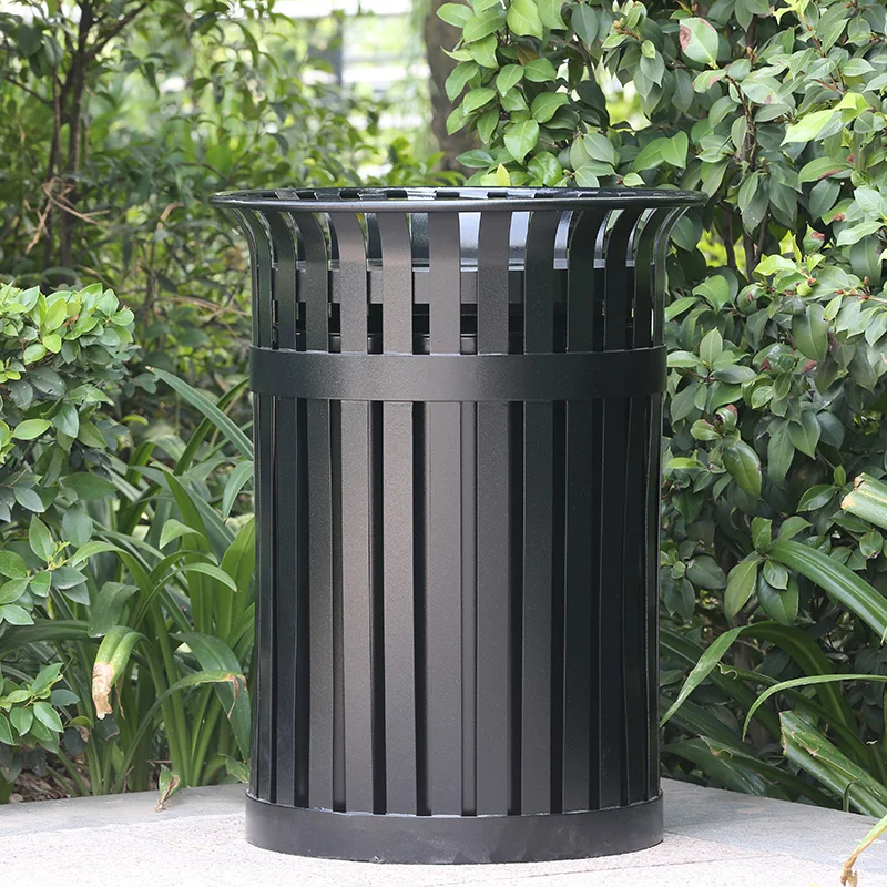 
Arlau outdoor garden black round steel trash can standard size galvanized steel designed garbage container park garbage can 