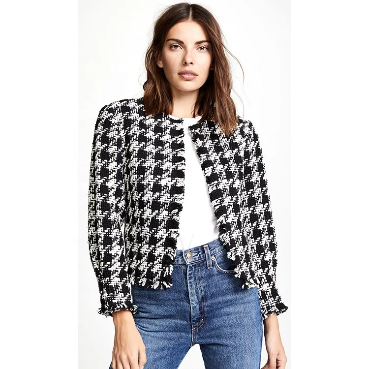Plaid winter fashion O-neck No buttons yarn dyed black embellished houndstooth slim fit tweed suit blazer office casual blazer